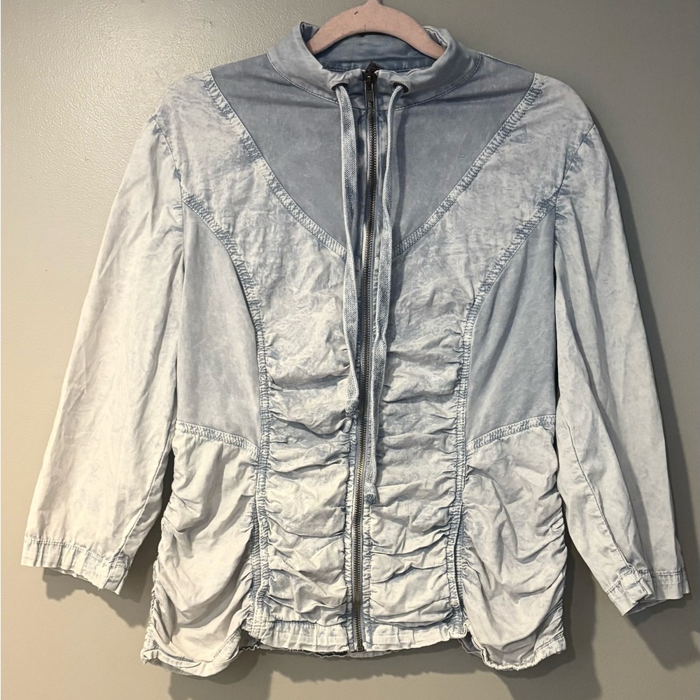 xcvi rustic distressed acid wash 80s denim ruched drawstring lightweight jacket